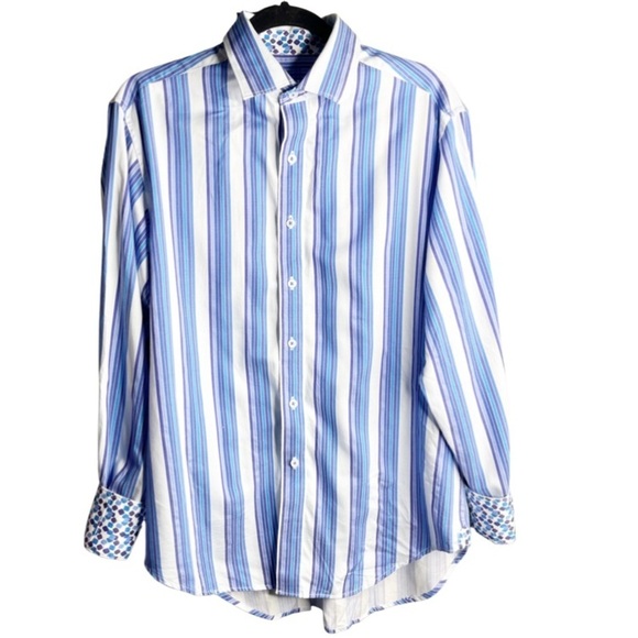 Robert Graham size M DIFFERENT HUES OF BLUE vertical stripes long sleeve shirt. - Picture 1 of 13